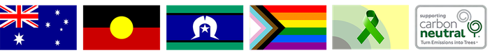 Australian, Aboriginal, Torres Strait Islander and Progress Pride flags, and carbon neutral certification